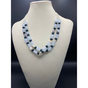 ICING Double Strand Statement Necklace Blue & Black Faceted Beads Silvertone